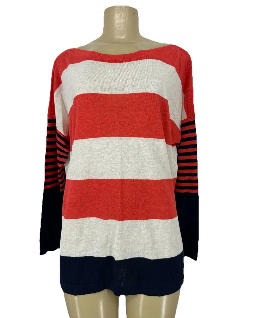 Lauren Hansen Small Women Linen Boat Neck Pullover Oversized Sweater Striped V13